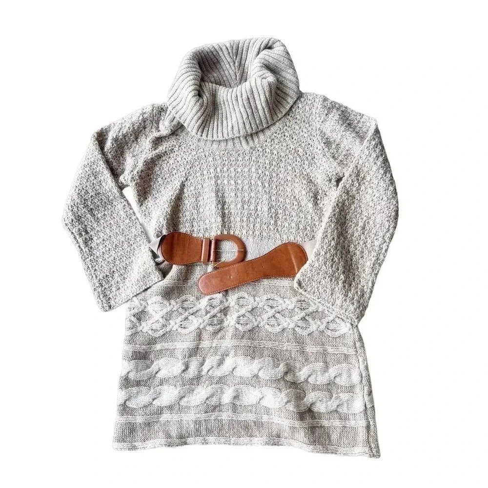 Soft Surroundings Size Petite L Brown Cowl Neck Cable Knit Sweater Dress New!